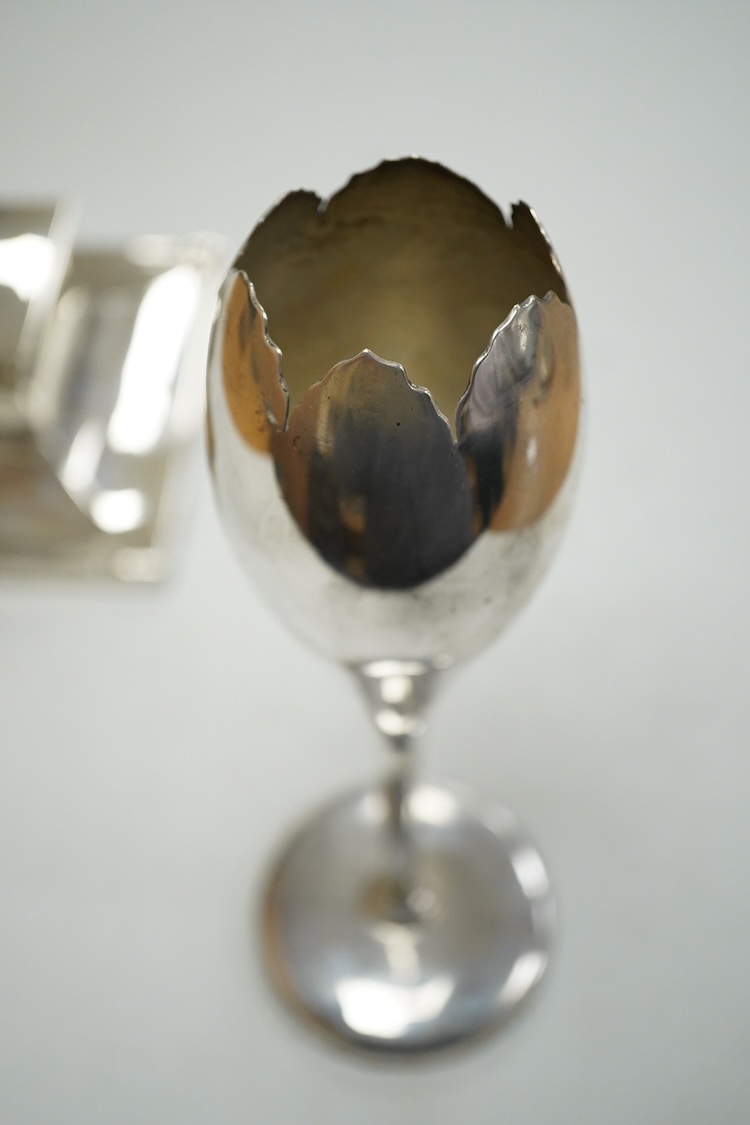 A silver mounted square inkwell by Mappin & Webb, marks rubbed, base 15.1cm, together with an Edwardian silver tulip vase, Sheffield, 1909, weighted